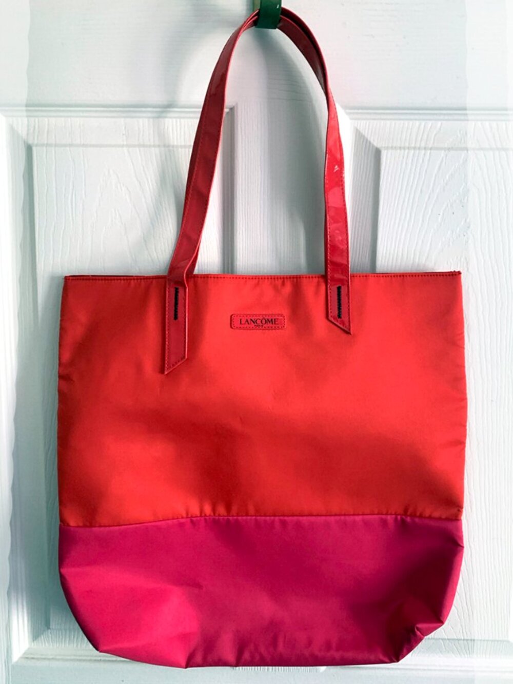 Lancôme Large Orange & Pink Colorblock Flamingo Lined Reversible Tote Bag